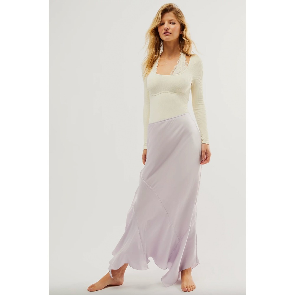 Intimately Free People Lavender Satin Bias Cut Midi Skirt Asymmetrical Hem M
